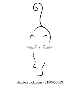 Outline of a walking black cat with eyes closed and tail swirled. Design for logo, pet store, emblem, stencil, modern tattoo, t-shirt print, sticker, banner. Isolated vector illustration