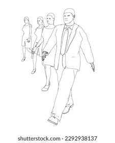 Outline of walking people in a row of black lines isolated on a white background. A man and three women. Vector illustration.
