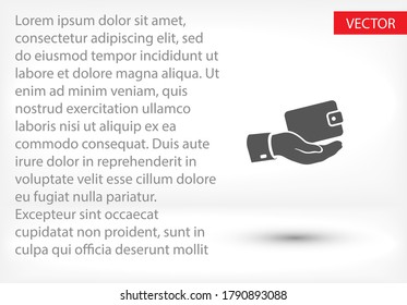 Outline wallet icon in hand isolated on background. Hand wallet  app , hand wallet logo, user interface. Editable stroke. Vector illustration. Eps 10 Hand walle