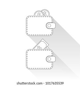 Outline wallet icons on transparent background. Wallet with coins and notes. Flat vector illustration. Isolated