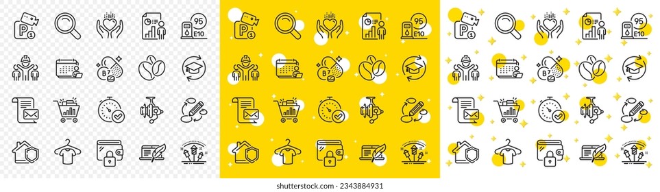 Outline Wallet, Keywords and Coffee beans line icons pack for web with Fast verification , Copyright laptop, Biotin vitamin line icon. Business report, Accounting, Fishing reel pictogram icon. Vector