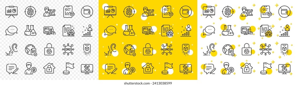 Outline Wallet, Online voting and Augmented reality line icons pack for web with Whisper, Write, Milestone line icon. Lease contract, Repair, Dots message pictogram icon. Vector
