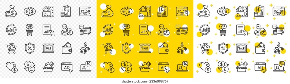 Outline Wallet, Update data and Vip shopping line icons pack for web with Donation, Ad, Sale line icon. Cross sell, Money exchange, Launder money pictogram icon. Savings insurance. Vector