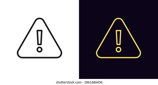 Outline warning icon. Glowing neon warning sign, exclamation mark with editable stroke. Important notification, urgent attention, caution error. Vector icon, sign, symbol for UI and Animation