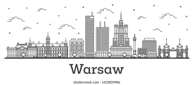 Outline Warsaw Poland City Skyline with Modern Buildings Isolated on White. Vector Illustration. Warsaw Cityscape with Landmarks.