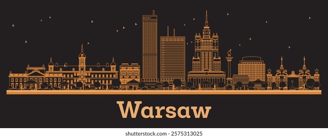 Outline Warsaw Poland City Skyline with orange Buildings. Vector Illustration. Business Travel and Concept with Modern Architecture. Warsaw Cityscape with Landmarks. 