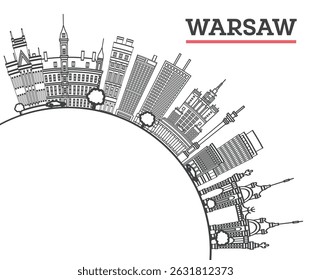 Outline Warsaw Poland City Skyline with Modern Buildings and copy space Isolated on White. Vector Illustration. Warsaw Cityscape with Landmarks.
