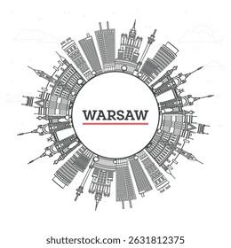 Outline Warsaw Poland City Skyline with Modern Buildings and copy space Isolated on White. Vector Illustration. Warsaw Cityscape with Landmarks.