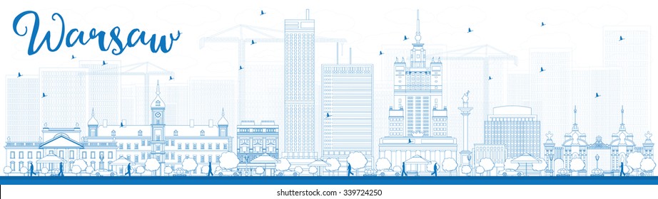 Outline Warsaw skyline with blue buildings. Vector illustration. Business travel and tourism concept with modern buildings. Image for presentation, banner, placard and web site.