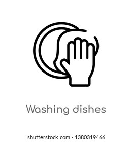 outline washing dishes vector icon. isolated black simple line element illustration from cleaning concept. editable vector stroke washing dishes icon on white background