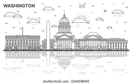 Outline Washington DC City Skyline with Historic Buildings and Reflections Isolated on White. Vector Illustration. Washington DC USA Cityscape with Landmarks.