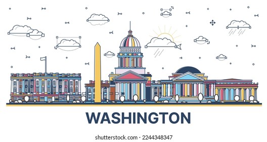 Outline Washington DC City Skyline with Colored Historic Buildings Isolated on White. Vector Illustration. Washington DC USA Cityscape with Landmarks.