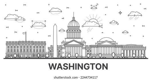 Outline Washington DC City Skyline with Historic Buildings Isolated on White. Vector Illustration. Washington DC USA Cityscape with Landmarks.