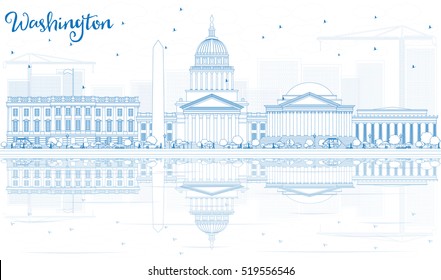 Outline Washington DC Skyline with Blue Buildings and Reflections. Vector Illustration. Business Travel and Tourism Concept with Historic Architecture. Image for Presentation Banner Placard and Web