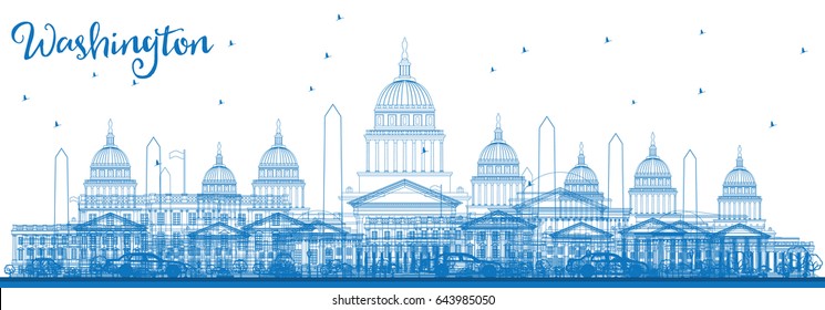 Outline Washington DC Skyline with Blue Buildings. Vector Illustration. Business Travel and Tourism Concept with Historic Buildings. Image for Presentation Banner Placard and Web Site.