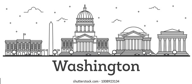 Outline Washington DC USA City Skyline with Modern Buildings Isolated on White. Vector Illustration. Washington DC Cityscape with Landmarks.