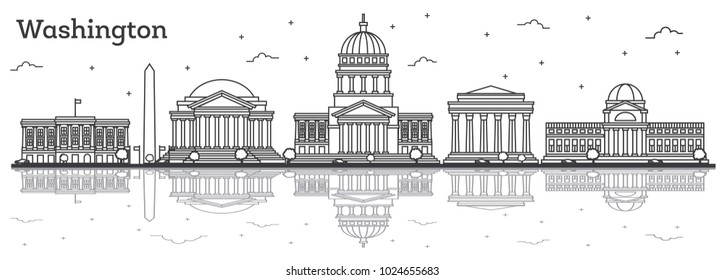 Outline Washington DC USA City Skyline with Modern Buildings and Reflections Isolated on White. Vector Illustration. Washington DC Cityscape with Landmarks.