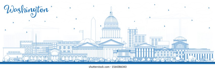 Outline Washington DC USA City Skyline With Blue Buildings. Vector Illustration. Business Travel And Tourism Concept With Historic Buildings. Washington DC Cityscape With Landmarks.