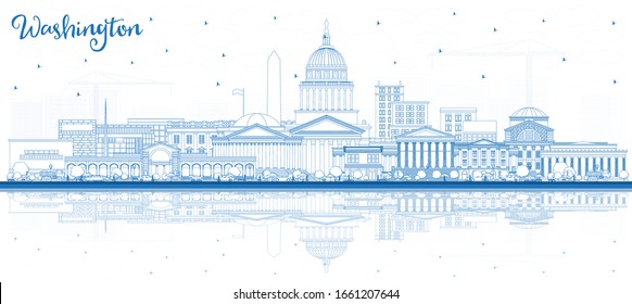 Outline Washington DC USA City Skyline With Blue Buildings And Reflections. Vector Illustration. Business Travel And Tourism Concept With Historic Buildings. Washington DC Cityscape With Landmarks.