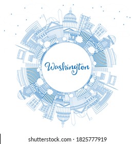 Outline Washington DC USA City Skyline with Blue Buildings and Copy Space. Vector Illustration. Business Travel and Tourism Concept with Historic Buildings. Washington DC Cityscape with Landmarks. 