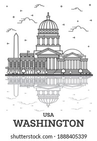 Outline Washington DC USA City Skyline with Modern Buildings and Reflections Isolated on White. Vector Illustration. Washington DC Cityscape with Landmarks.