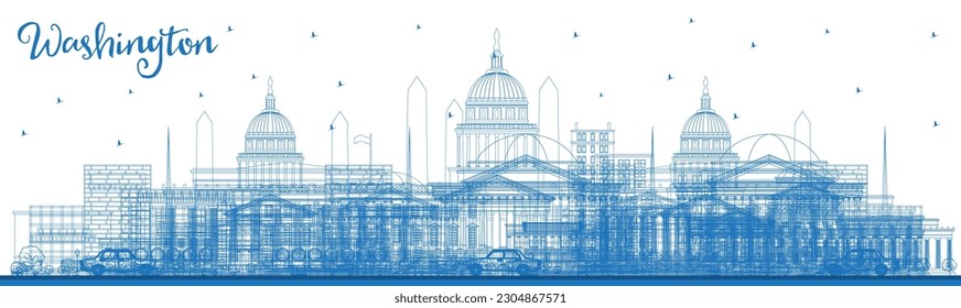 Outline Washington DC USA City Skyline with Blue Buildings. Vector Illustration. Business Travel and Tourism Concept with Historic Buildings. Washington DC Cityscape with Landmarks.