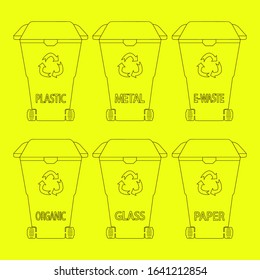 Outline waste bin. The trash. Outline trash cans. Recycling bins. Trash cans with sorted garbage set. Containers industry. Different types of garbage: Organic, Plastic, Metal, Paper, Glass, E-waste.