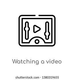 outline watching a video on a tablet vector icon. isolated black simple line element illustration from cinema concept. editable vector stroke watching a video on tablet icon on white background