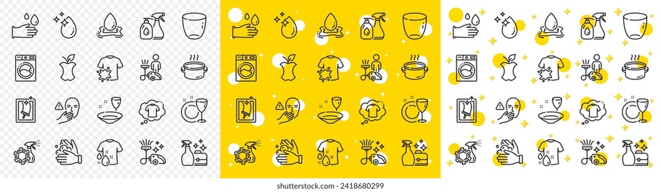 Línea de agua de contorno, placa de plato y iconos de línea de lavadora para web con spray Cleanser, No tocar, Icono de línea de guantes de goma. salpicaduras de agua, Saucepan, ícono de pictograma de camiseta. Vector