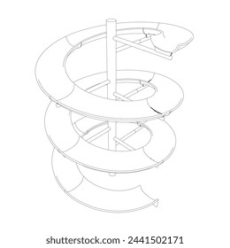 Outline water slide. 3D spiral pipe waterpark construction, water slide in pool aqua park. Waterpark spiral slide water pipes. Vector illustration.