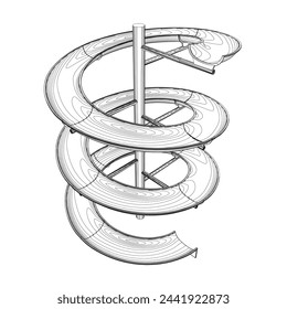 Outline water slide. 3D spiral pipe waterpark construction, water slide in pool aqua park. Waterpark spiral slide water pipes. Vector illustration.
