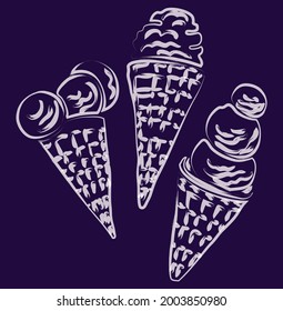 Outline watercolor brush drawings of various waffle cones ice cream