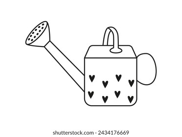 Outline watering can icon. Gardening tool and instrument. Line art. Irrigation, soil moisture. Black and white. Coloring book.