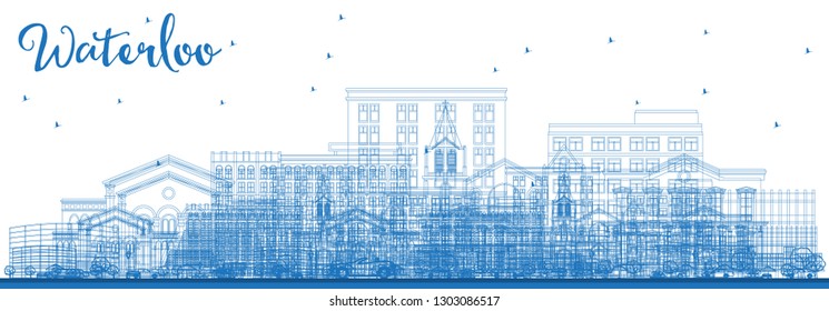 Outline Waterloo Iowa Skyline with Blue Buildings. Vector Illustration. Business Travel and Tourism Illustration with Historic Architecture. 