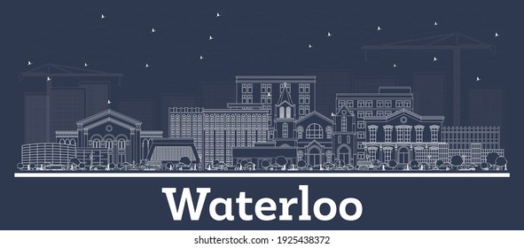 Esquema del Waterloo Iowa Línea de la ciudad de Estados Unidos con Edificios Blancos. Ilustración vectorial. Concepto de viajes de negocios y turismo con arquitectura histórica. Paisaje urbano con monumentos.