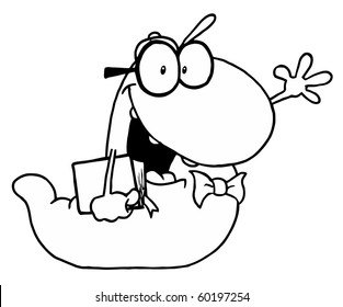 Outline Of A Waving School Worm Student Carrying A Book