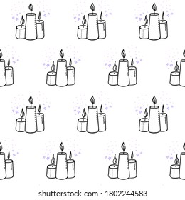 Outline wax candle seamless pattern. Burning wax light vector illustration. Hand drawn glim wallpaper design. EPS 8