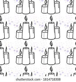 Outline wax candle seamless pattern. Burning wax light in church vector illustration. Hand drawn glim wallpaper. Religion and faith concept. EPS 8