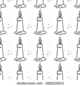 Outline wax candle seamless pattern. Burning wax light in church vector illustration. Hand drawn glim wallpaper. Religion and faith concept. EPS 8