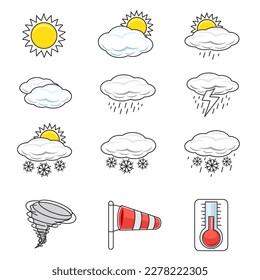 Outline weather icon set isolated on white background. Collection of various icons related to weather climate and meteorology with outline line and flat design silhouette style