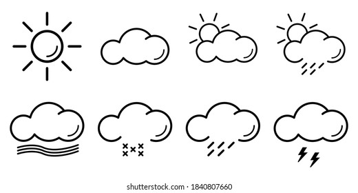 Outline weather icons. Isolated sun and cloud collection. Snow and wind sign set. Forecast weather icons on white background. Rain and storm vector illustration. EPS 10