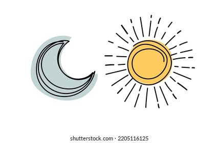 Outline weather icons set, crescent moon and sun, simple boho hand drawing. Vector line illustration isolated on white background.