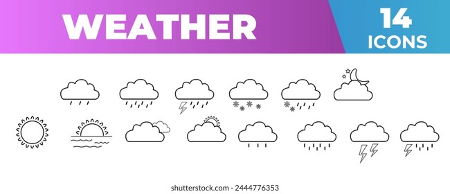 Outline weather icons.
Vector weather icons, sun, clouds, cloud, thunderstorm, snow, rain, rain with wind.
Beautiful vector weather icons