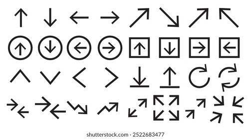  outline web arrows icons such as up arrow, left arrow, shuffle, right arrow, distribute spacing vertical, bottom left, top left, up down vector thin line icons for web design, mobile app.