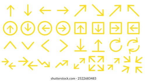  Kontur Web-Pfeile Symbole wie nach oben Pfeil, Pfeil nach links, shuffle, Pfeil nach rechts, verteilen Abstand vertikal, unten links, oben links, nach oben Vektor dünne Linie Symbole für Web-Design, mobile App.