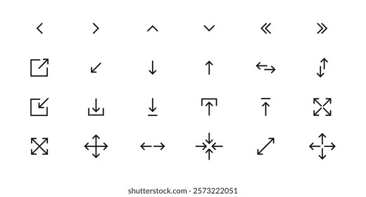 outline web arrows icons such as up arrow, left arrow, shuffle, right arrow, distribute spacing vertical, bottom left, top left, up down vector thin line icons for web design, mobile app.