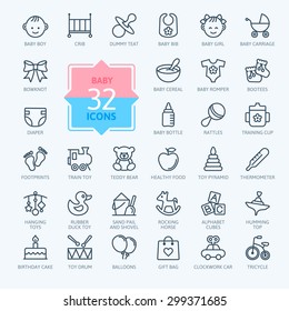 Outline Web Icon Set. Baby Toys, Feeding And Care