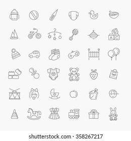 Outline web icon set. Baby toys, feeding and care