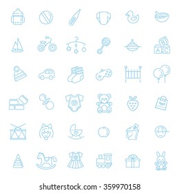 Outline web icon set. Baby toys, feeding and care