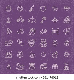 Outline web icon set. Baby toys, feeding and care